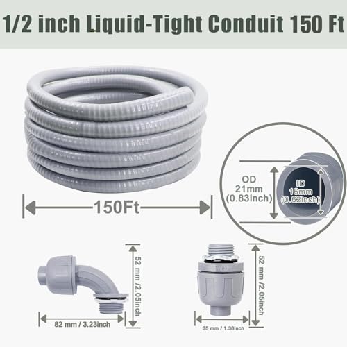 Liquid-Tight Conduit and Connector Kit - 1/2 Inch 150 FT Non Metallic Liquid Tight Electrical Conduit with 5 Straight and 5 Angle Fittings - size: 1/2inch 150 Ft