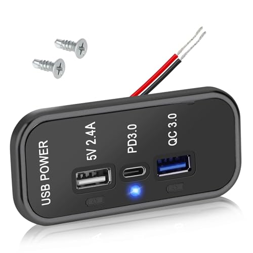 Linkstyle 3 Ports 12V USB Outlet, 18W PD3.0 Port, 18W QC3.0 & 2.4A USB A Charger Fast Charging Socket Panel for 12V/24V Car Marine RV - color: 1PCS