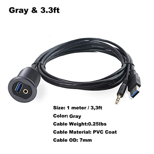 MysRuida USB 3.0 & 3.5mm TRS Mount with Light, 3.3ft USB 3.0 Male to Female & 3.5mm Male to Female Flush Panel Dashboard Mount Extension AUX Cable for Car Truck Boat Motorcycle, Metal Shell, Gray - style: USB 3.0+3.5mm Mount