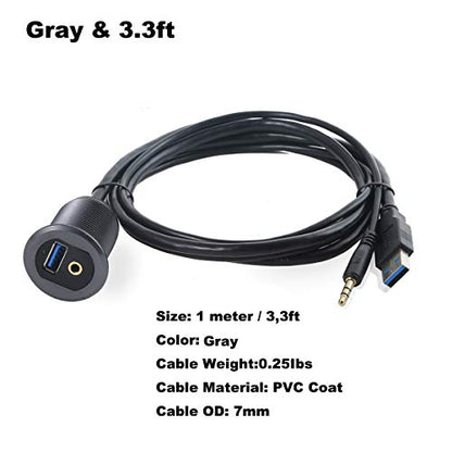 MysRuida USB 3.0 & 3.5mm TRS Mount with Light, 3.3ft USB 3.0 Male to Female & 3.5mm Male to Female Flush Panel Dashboard Mount Extension AUX Cable for Car Truck Boat Motorcycle, Metal Shell, Gray - style: USB 3.0+3.5mm Mount