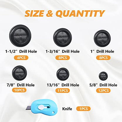 mankk 53Pcs Rubber Grommet Kit,6 Size (5/8" 13/16" 7/8" 1" 1-3/16" 1-1/2") Drill Hole Round Double Sided Rubber Hole Plug with Retractable Box Knife for Protecting Cable Wire M-119 - size: 6 Sizes-53PCS