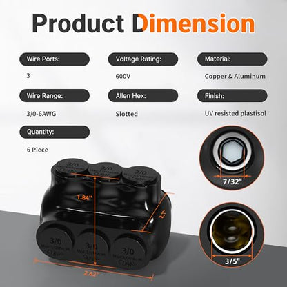Joinfworld 3 Port Insulated Multi Tap Connector 3/0-6 Gauge Wire Connectors Aluminum to Copper Wire Connectors Dual Entry Black Electrical Cable Connectors with Slotted Allen Hex - 6 Pack - size: 3/0-6 AWG
