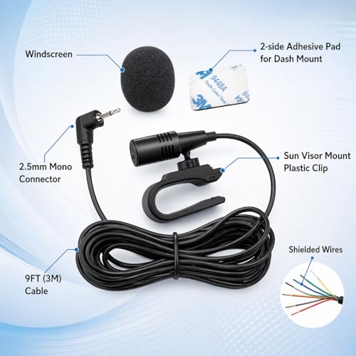 2.5mm Microphone Compatible Replacement for Pioneer DMH-series DMH-160BT DMH-1770NEX DMH-241EX DMH-WT8600NEX Car Stereo Receiver Clip-On External Dash Mic for Hands-Free Calls Voice Control 9FT Cable