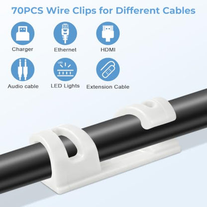 VIPMOON 70Pcs Self Adhesive Bendable Cable Clips, Screw Mountable Wire Organizer, Wire Management Clips for Car Desk Home Office TV PC Ethernet Cables, Fits 5-7mm Diameter Cables, White - color: M - White