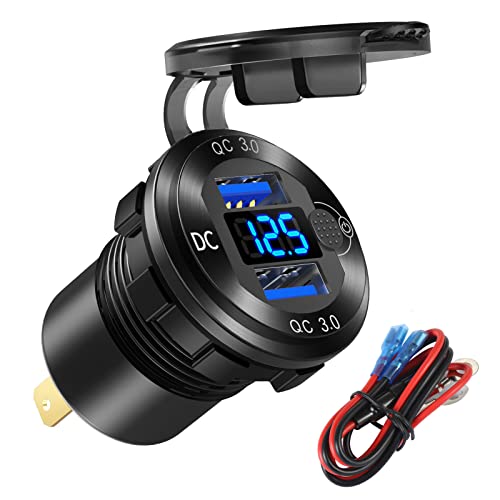 12V/24V USB Outlet Quick Charge 3.0 Dual Port Car Charger Socket with Blue Voltmeter, Waterproof Aluminum Cigarette Lighter USB Charger DIY Kit for Car Marine Motorcycle RV Boat Golf Cart, etc.