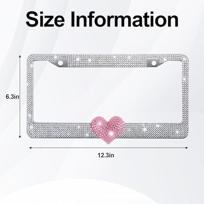 1 Pack White Bling License Plate Frame with Pink Heart for Women - color: White Frame+Pink Heart