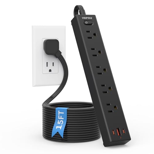 15FT Surge Protector Power Strip, 1700J, 5AC&1A2C, Flat Plug Extension Cord - color: Black, size: 15 Ft-1 Pack(3 prong plug)