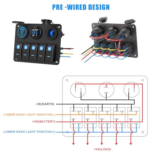 Marine Boat Switch Panel Waterproof, 5 Gang Marine Rocker Switch Aluminum Panel with 3 Port 66W 12V USB Outlet Car Charger, 150W Cigarette Lighter Socket and Blue LED Voltmeter for Truck Car RV, etc.