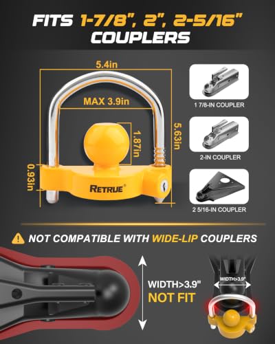 RETRUE Universal Coupler Lock Trailer Locks Ball Hitch Trailer Hitch Lock Adjustable Security Heavy-Duty Steel Fits 1-7/8 Inch, 2 Inch, 2-5/16 Inch Couplers, Yellow (Pack of 20) - color: Yellow, size: 20 Pack