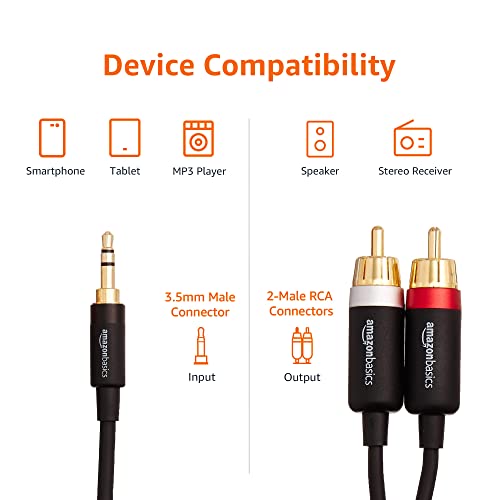 Amazon Basics 3.5mm Aux to 2 RCA Audio Cable Adapter for Amplifiers, Active Speakers, Gold-Plated Connectors, Clear Sound Quality, Shielded Construction, 8 Feet/2.4 m, Black - size: 8 Feet