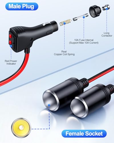 Cigarette Lighter Splitter, 12V Car Cigarette Lighter Splitter, 1 to 2 Double Cigarette Lighter Adapter 2 Way Socket with Dual Independent ON/OFF Switches, 16AWG Dual 12V Car Adapter with 10A Fuse
