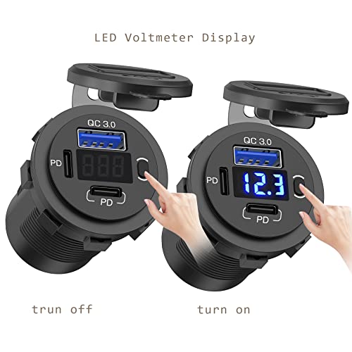 2 Pack 12V USB Outlet, QC3.0 & PD Dual Car Charger with Voltmeter & Switch - color: 2PD+1QC