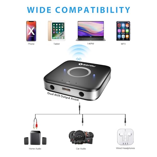 SONRU Bluetooth 5.3 Adapter Hi-Fi Equipment for Car Wireless Audio Receiver with 3.5mm AUX RCA Cable, Noise Cancellation, Dual AUX Outputs for Home Speakers Wired Headphones