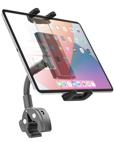 Charchendo Metal Gooseneck Tablet Mount with Anti-Slip Silicone, Universal Clamp-On Round Tube iPad Holder for Indoor Cycling Bike, Gym Bike, Elliptical & Rowing Machine, Fits 4-13in Tablets & More