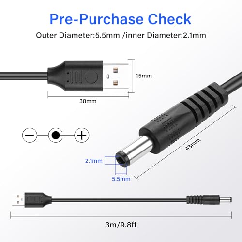 SinLoon USB to DC 5.5x2.1mm Power Cord 5V3A 10FT, 2Pcs 5.5mm Barrel Jack Charging Cable for Security Camera/LED Lights/Router/Set-Top Box, Pure Copper Core Stable 5V Direct-Through Design