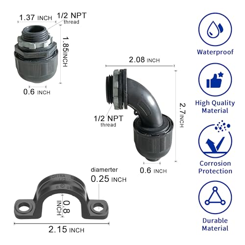 (1/2" Conduit Parts 30 Pack) Yariwiz 1/2 Black Special Extra Flexible Plastic Liquid Tight Conduit Connector Kit, Include 10 Conduit Couplings, 10 Conduit 90 Degree Elbows, 10 Conduit Strap - style: 1/2 inch Part Kits-30 Pack