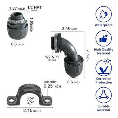 (1/2" Conduit Parts 30 Pack) Yariwiz 1/2 Black Special Extra Flexible Plastic Liquid Tight Conduit Connector Kit, Include 10 Conduit Couplings, 10 Conduit 90 Degree Elbows, 10 Conduit Strap - style: 1/2 inch Part Kits-30 Pack