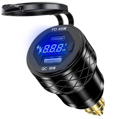 DIN Hella Plug to USB Charger, 45W USB-C PD3.0 & 18W QC3.0 Motorcycle USB Outlet for BMW Triumph Ducati, Waterproof Dual Fast Charge Powerlet Socket with LED Voltmeter