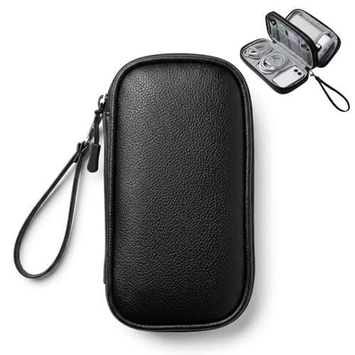 Leather Electronic Organizer Bag, Waterproof Travel Tech Pouch for Cord, Cable, Charger, Phone & Accessories (Black)