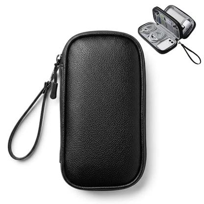 Leather Electronic Organizer Bag, Waterproof Travel Tech Pouch for Cord, Cable, Charger, Phone & Accessories (Black)