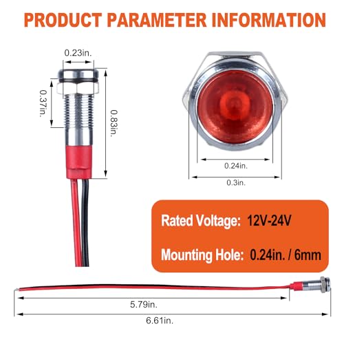 10Pcs 6mm (1/4") LED Indicator Light 12V-24V 20mA Waterproof Metal Wide Flat Head Signal Lamp Pilot Dash Directional with Wire (White Red Yellow Blue Green)*2 - color: Mix, size: 6mm / 12V-24V