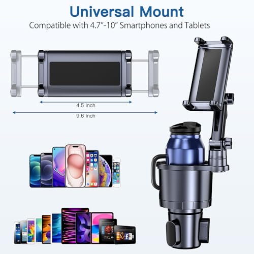 Cup Holder Phone Tablet Mount, 2 in 1 iPad Car Cup Holder with Expander Adjustable Arm for 4.7-10 inches Phone Tablet Mount Compatible for iPad Pro Air Mini, Fire,iPhone 17,Galaxy Phones