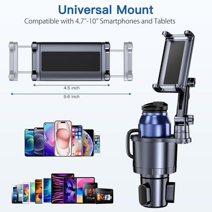 Cup Holder Phone Tablet Mount, 2 in 1 iPad Car Cup Holder with Expander Adjustable Arm for 4.7-10 inches Phone Tablet Mount Compatible for iPad Pro Air Mini, Fire,iPhone 17,Galaxy Phones