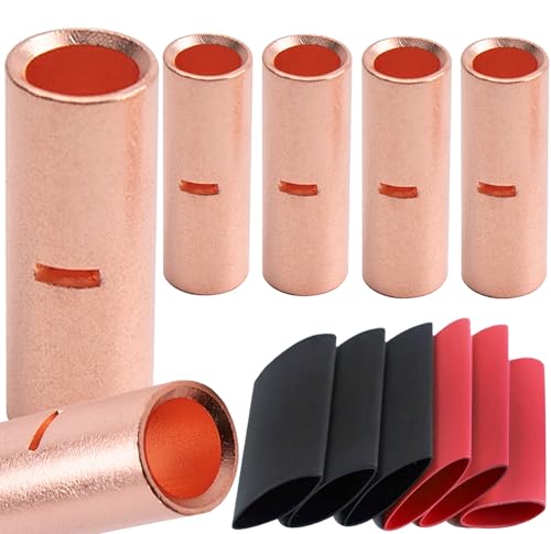 SVAAR 6PCS 0 Gauge Butt Connectors 1/0 AWG Uninsulated Butt Splice Connectors Non Insulated Crimp Butt Splices Kit Bare Pure Copper Seamless Barrel Battery Cable Butt Terminals & 6PCS 3:1 Heat Shrinks