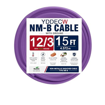 12/3 NM-B Wire with Ground - 15FT 12 Gauge Non-Metallic Sheathed Cable Pure Copper 12 AWG 3 Conductor Residential Indoor Wire for Outlets, Switches and Other Loads etc. - size: 15FT, style: 12AWG/3