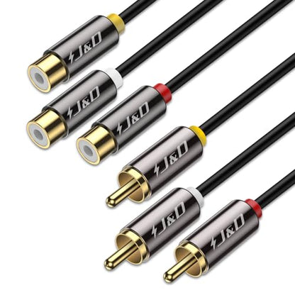 J&D AV Extension Cable, Gold Plated Copper Shell Heavy Duty 3 RCA Male to Female Stereo Audio Video Extension Cable, Composite Extension Video Cord for DVD, CD, TV, 3 Feet/0.9 Meter - size: 3 Feet