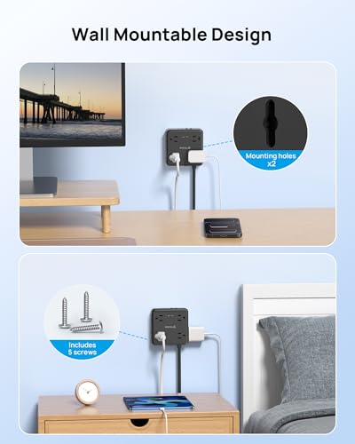 TROND 360° Rotating Flat Plug Power Strip 5ft, 8 AC & 4 USB (2U2C), Black - color: Black, size: 5FT, style: Rotating Plug-2U2C