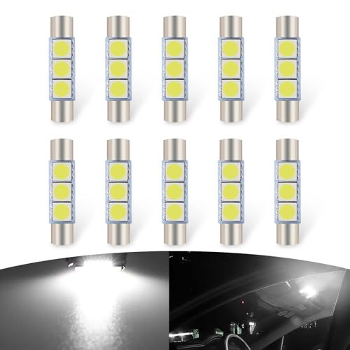 10 PCS T6 5050 Car LED Sun Visor Lights, 28MM 12V 300LM Super Bright Waterproof Vehicle Reading Light Bulb Replacement, Universal Automotive Roof Light Accessories (White Light) - color: White Light