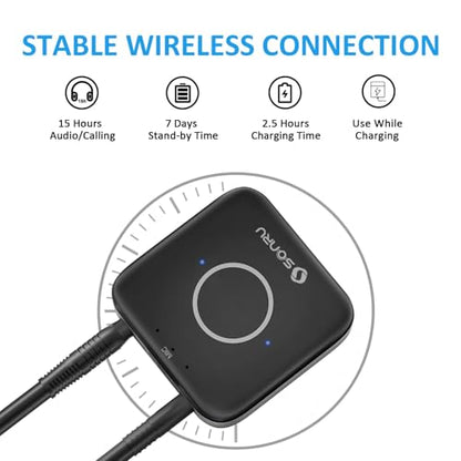 SONRU Bluetooth 5.3 Adapter Hi-Fi Equipment for Car Wireless Audio Receiver with 3.5mm AUX RCA Cable, Noise Cancellation, Dual AUX Outputs for Home Speakers Wired Headphones