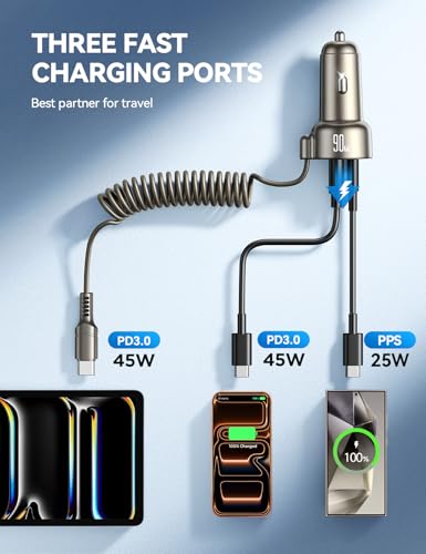 FLYLEAD 90W Car Charger USB C Fast Charge, PD45W for iPhone 17/16 Pro Max - color: Titanium - 5 FT