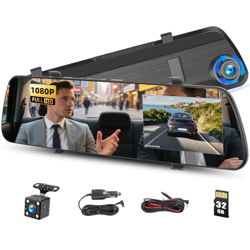 4 inch Mirror Dash Cam,1080P Rear View Mirror Camera for Cars,Dual Dash Cameras Front and Rear HD Night Vision,24H Parking Monitoring,Loop Recording, Motion Detection,Reversing Assistance,32GB TF Card