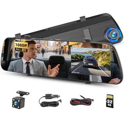 4 inch Mirror Dash Cam,1080P Rear View Mirror Camera for Cars,Dual Dash Cameras Front and Rear HD Night Vision,24H Parking Monitoring,Loop Recording, Motion Detection,Reversing Assistance,32GB TF Card
