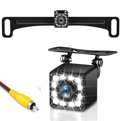 Backup Camera with License Plate Bracket Rear View for Car, 12LED Night Vision Waterproof Rearview Universal Reverse Cam Kit for Vehicle, Cars, SUVs, Trucks, Pickups, RVs, No Drilling