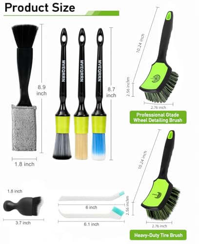 MVEQRRN 9PCS Boar Hair Car Detailing Brush Set,Car Wheel Brush Kit (Green) - color: 9pcs green detail wheel brush set