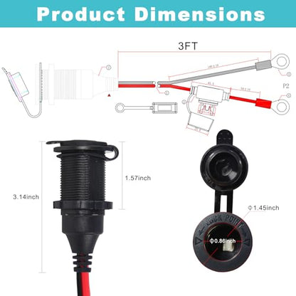 12V Cigarette Lighter Socket Replacement - 3FT Fixed Thread Cigar Socket to Battery Ring Terminal Cable with 15A Fuse, 14AWG 12/24 Volt Female Power Outlet Panel-Mounted for Marine Boat Car RV ATV - size: 3FT