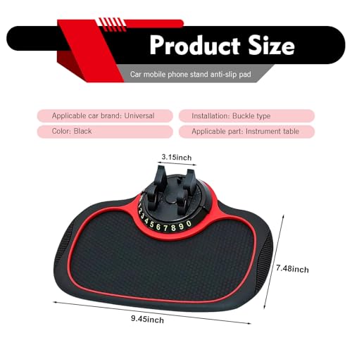 Multifunctional Car Anti-slip Mat, Car Dashboard Anti-slip Pad with Temporary License Plate, 360° Rotatable Dashboard Phone Mount, for Most Cars, Trucks, SUVs (Black & Red)