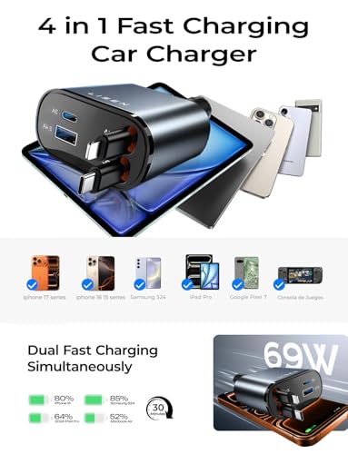 LISEN Retractable Car Charger, [2026 Upgrade 50 inch ] Long 4 in 1 Retractable Cable Car Charger, USB C Car Charger Fast Charging for iPhone 17 16 15 14 13 12 11 X Pro Max Plus Mini, Samsung S26 - color: Grey, size: 50 Inch