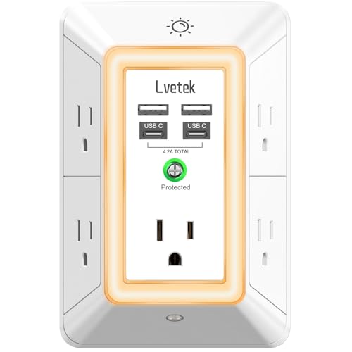 Multi Plug Outlet Surge Protector - Lvetek 3-Sided Power Strip with 5 Outlet Extender and 4 USB Ports(2 USB-C) and Night Light, USB Wall Charger for Home, Office, Travel, ETL Listed, White - color: Ivory-Night Light, size: 2U2C