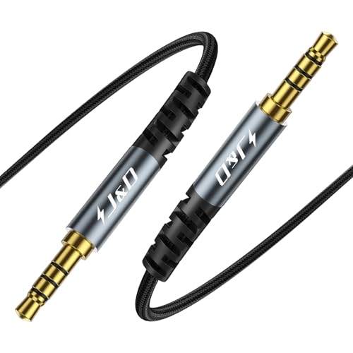 J&D 3.5 mm TRRS Cable, Nylon Braided Male to Male Aux Cable with Gold-Plated Connector Aluminum Alloy Shell for Headphones, Car Stereos and More, Grey, 6.6 feet