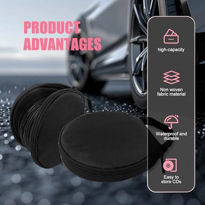 Car CD Case, Oxford Waterproof Disc Storage Binder with Transparent Film Divider, 20 Capacity Portable Round Disc Case, Universal DVD Organizer for Cars (Black)