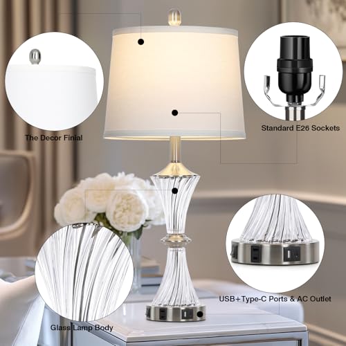 Rinweey Crystal Glass Table Lamp Set of 2 With USB C+A Ports & AC Outlet - White Clear Modern Bedroom Lamps for Night Stands, Living Room - Silver Nightstand Lamps With LED Bulbs Included - color: Silver