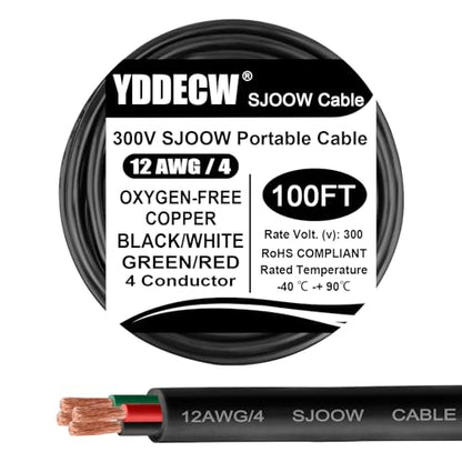 100ft 12/4 12 AWG Portable Power Cable - SJOOW 300V 12 Gauge Electric Wire for Motor Leads, Portable Lights, Battery Chargers and Machinery - 4 Conductor - Black - size: 100 Feet, style: 12AWG(4 Conductor)