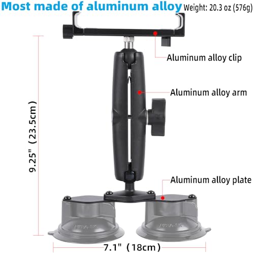 Aluminum Tablet Holder with Dual Suction Cup Base for Car/Boat Windshield, Tablet Stand Fits iPad Air 13" M2 (2024), iPad Pro 12.9" and other 4.7-15" Tablets, Mount on Window Bathroom Mirror - size: Metal Clip with Dual Suction Cup