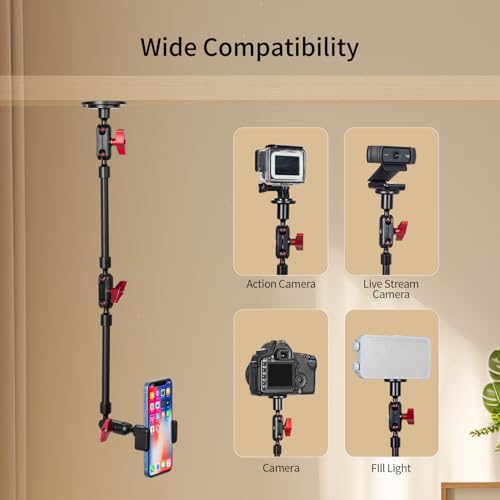 Wall Mounted Phone Holder Magic Arm 360° Rotation Adjustable Metal Base Screw in Wall Sturdy for Kitchen Bedroom Home 22 Inch Metal Phone Clip - size: Metal base + 23in magic arm + metal clip