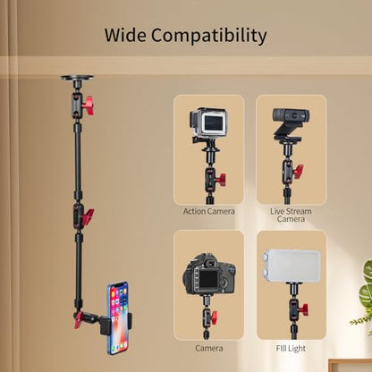 Wall Mounted Phone Holder Magic Arm 360° Rotation Adjustable Metal Base Screw in Wall Sturdy for Kitchen Bedroom Home 22 Inch Metal Phone Clip - size: Metal base + 23in magic arm + metal clip
