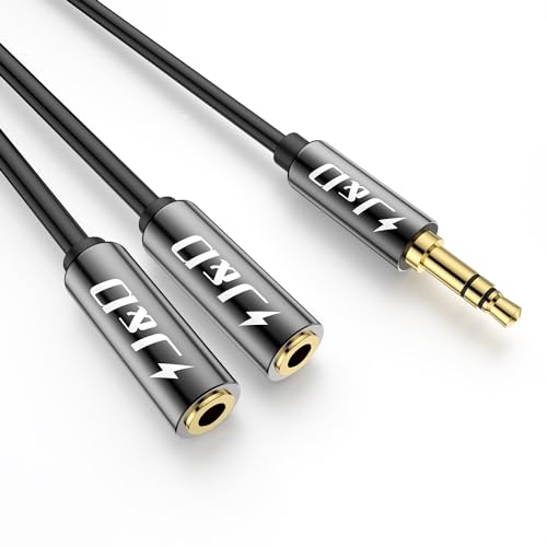 J&D Headphone Splitter 1/8 Audio Stereo Y Splitter Aux Extension Cable, Gold Plated Heavy Duty 3.5mm TRS Male to 2 X 3.5mm TRS Female Headphone Jack Adapter for Earphone, 0.65 Feet